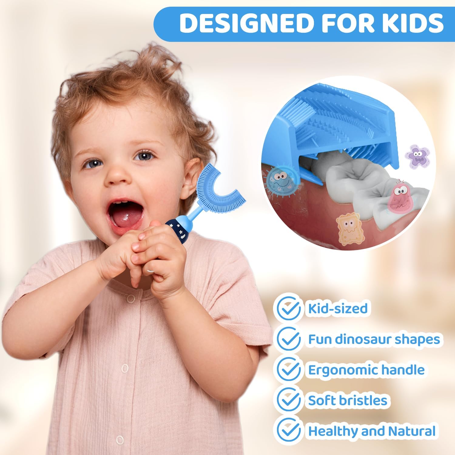 U-Shaped Toothbrush for Kids Ages 2-7， Soft Food-Grade Silicone for Sensitive Gums， 360° Teeth