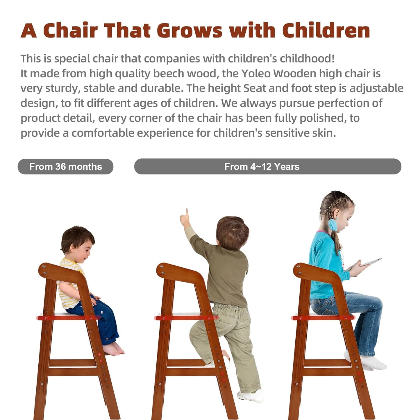 Wooden High Chair for Toddlers, Adjustable Dining Feeding Chair with Removable Cushion for Child
