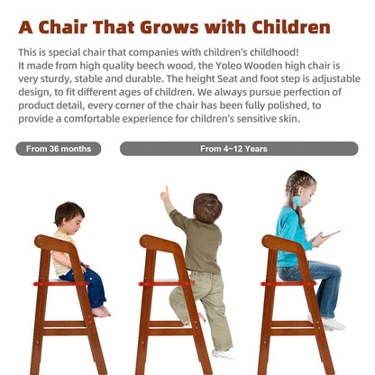 Wooden High Chair for Toddlers, Adjustable Dining Feeding Chair with Removable Cushion for Child