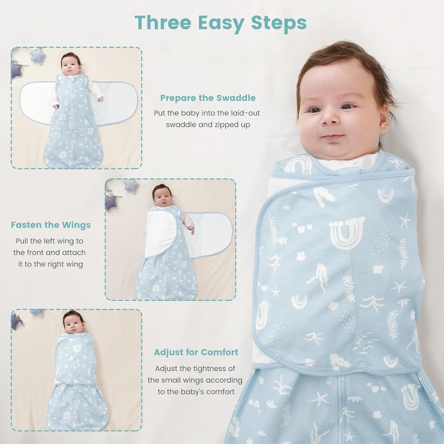 Baby Swaddle Sleep Sack 1.0 Tog 3-in-1 Cotton Baby Swaddle Blanket Wrap for Newborns 0-6 Months