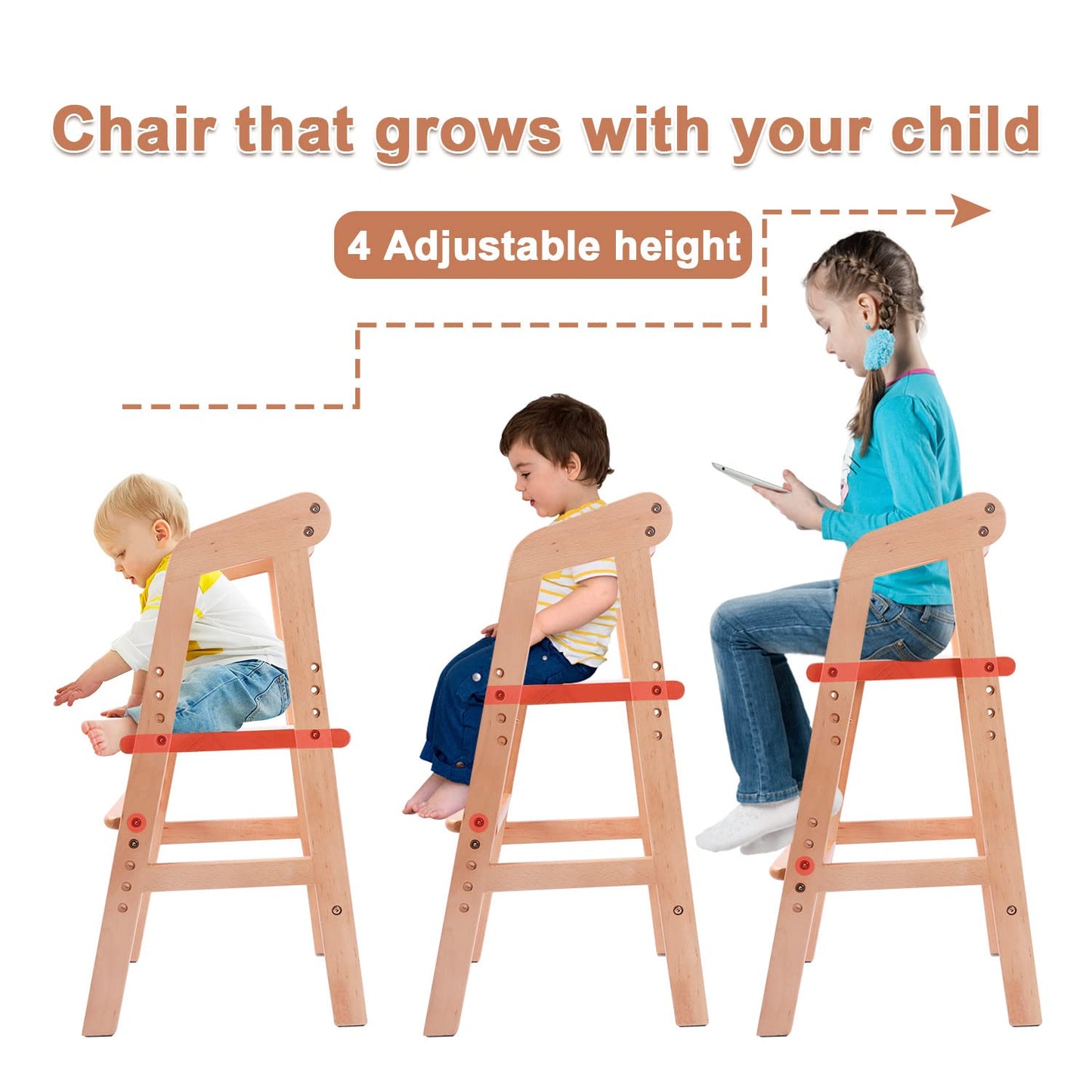 YOLEO High Chair Wooden for Toddlers Junior Childs, Sturdy Durable Dining Feeding Chair with Steps