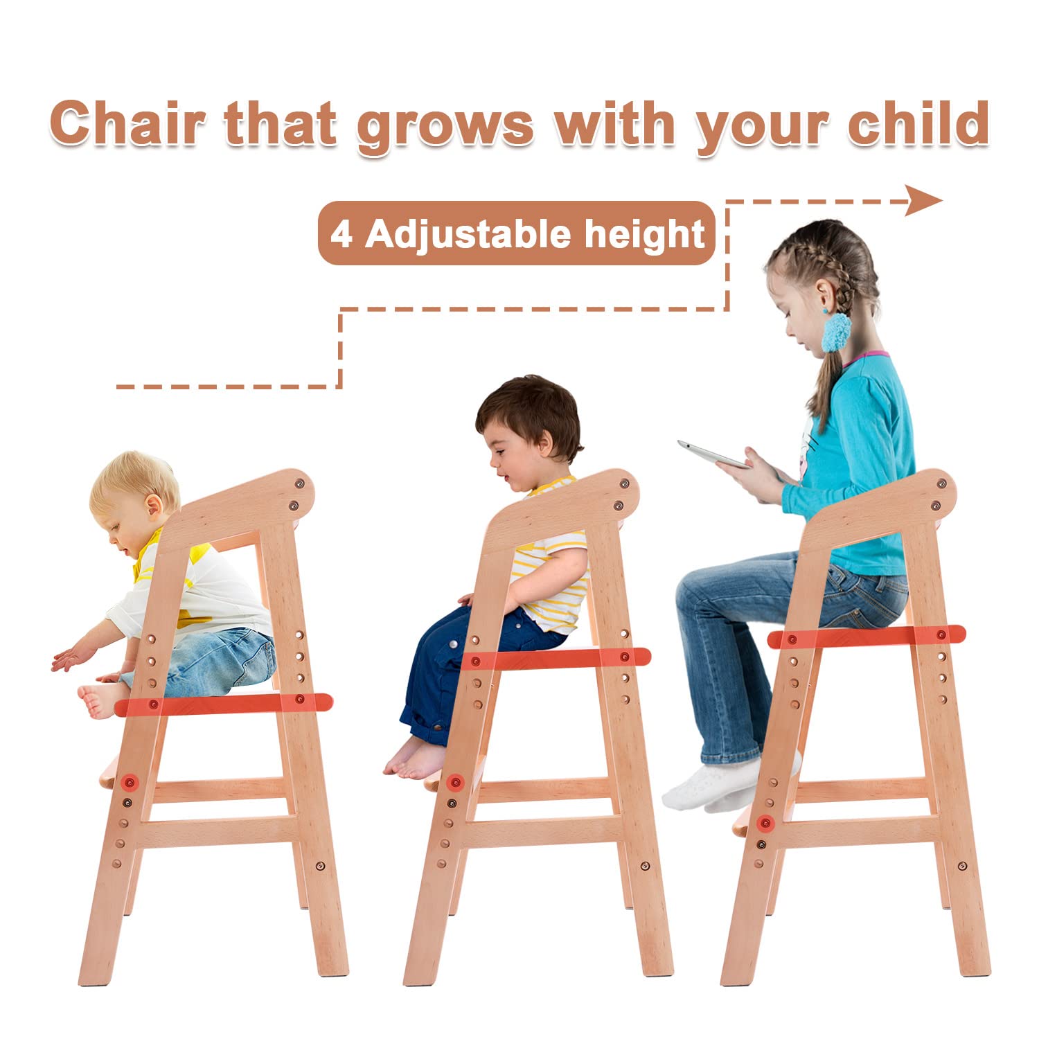 YOLEO High Chair Wooden for Toddlers Junior Childs, Sturdy Durable Dining Feeding Chair with Steps