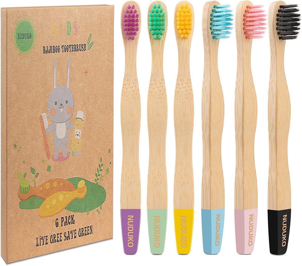 Bamboo Kids Toothbrushes (6 Pack) - Soft Bristle Organic Compostable BPA Free Toothbrush for Kids