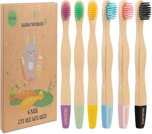 Bamboo Kids Toothbrushes (6 Pack) - Soft Bristle Organic Compostable BPA Free Toothbrush for Kids