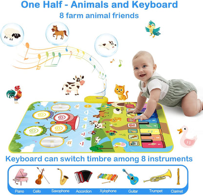 Foki 3-in-1 Musical Mats, Child Floor Piano Drum Animal Music Play Mat Montessori Sensory Early Educational Musical Learning Toys for Baby Girls Boys Birthday Toddlers 1-5 Years Old