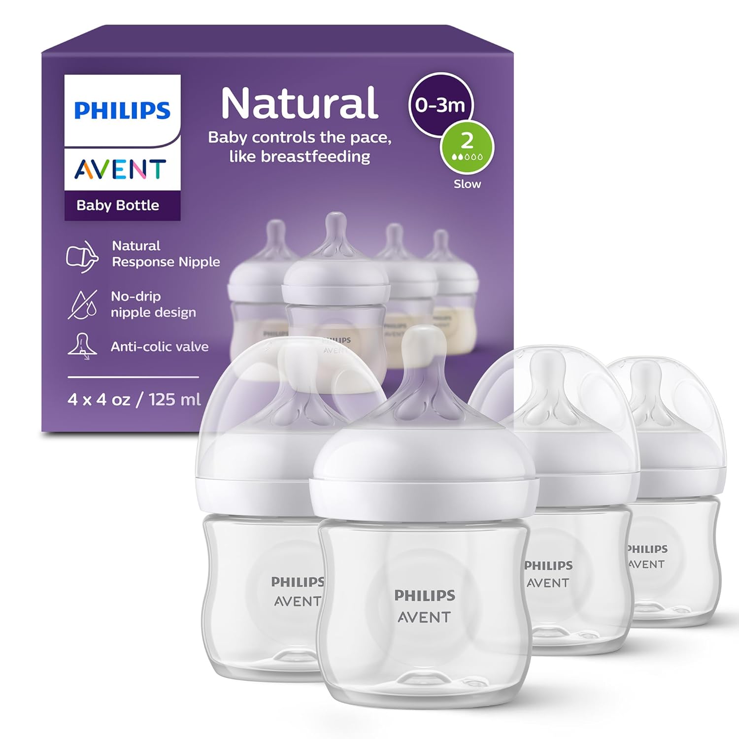 Philips Avent Natural Baby Bottles with Natural Response Nipples (Slow Flow, Flow 2), 4oz, 4-Pack