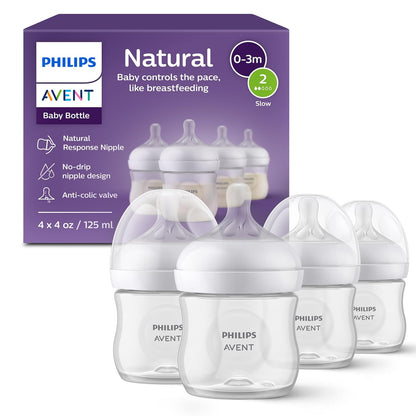 Philips Avent Natural Baby Bottles with Natural Response Nipples (Slow Flow, Flow 2), 4oz, 4-Pack