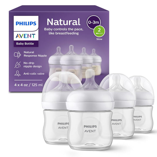 Philips Avent Natural Baby Bottles with Natural Response Nipples (Slow Flow, Flow 2), 4oz, 4-Pack