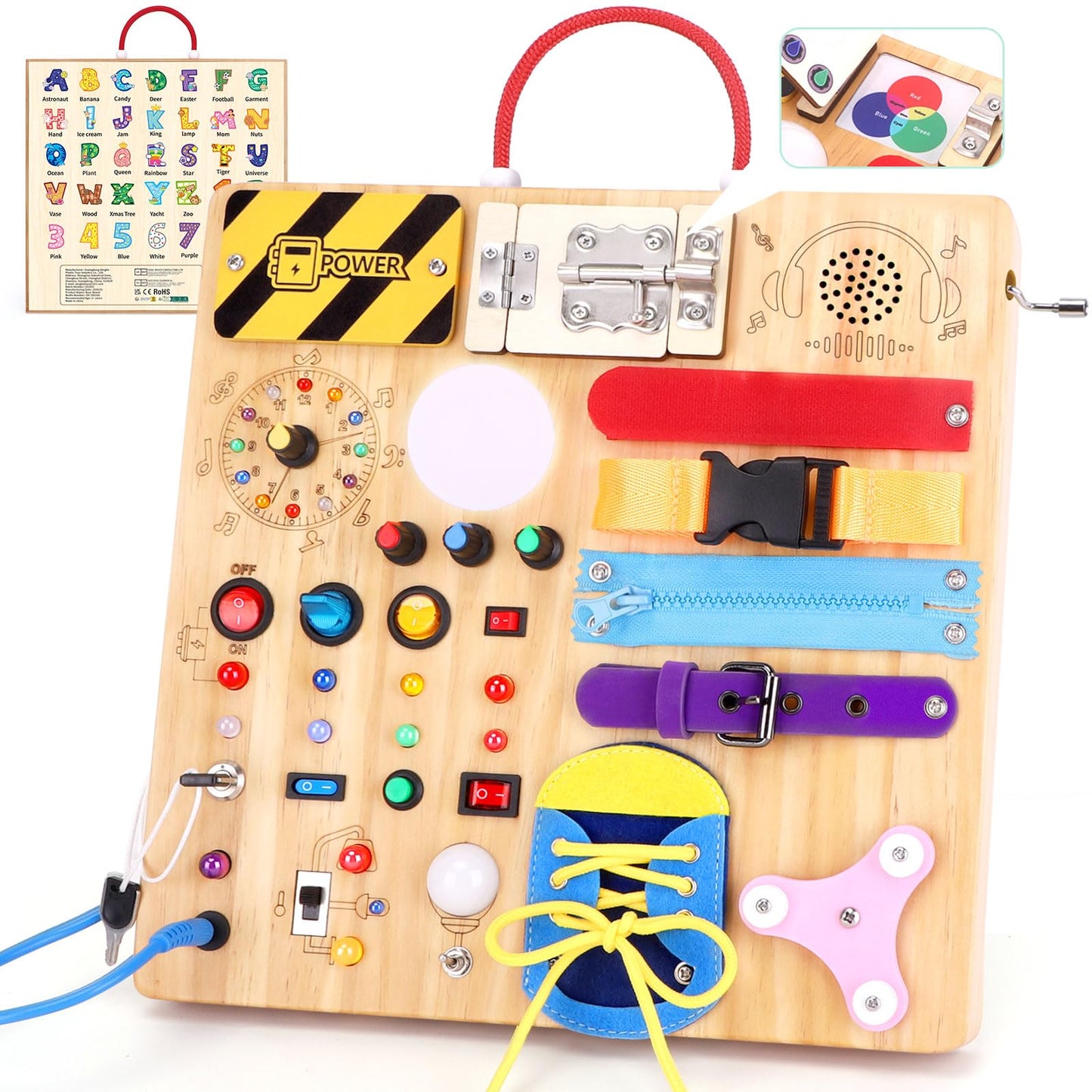 23-in-1 Montessori Busy Board with LED Lights Educational Wooden Activity Toy for Toddlers Ages