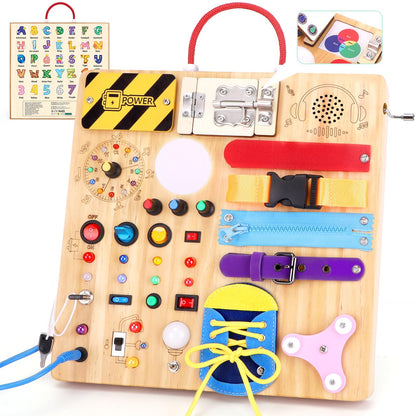 23-in-1 Montessori Busy Board with LED Lights Educational Wooden Activity Toy for Toddlers Ages