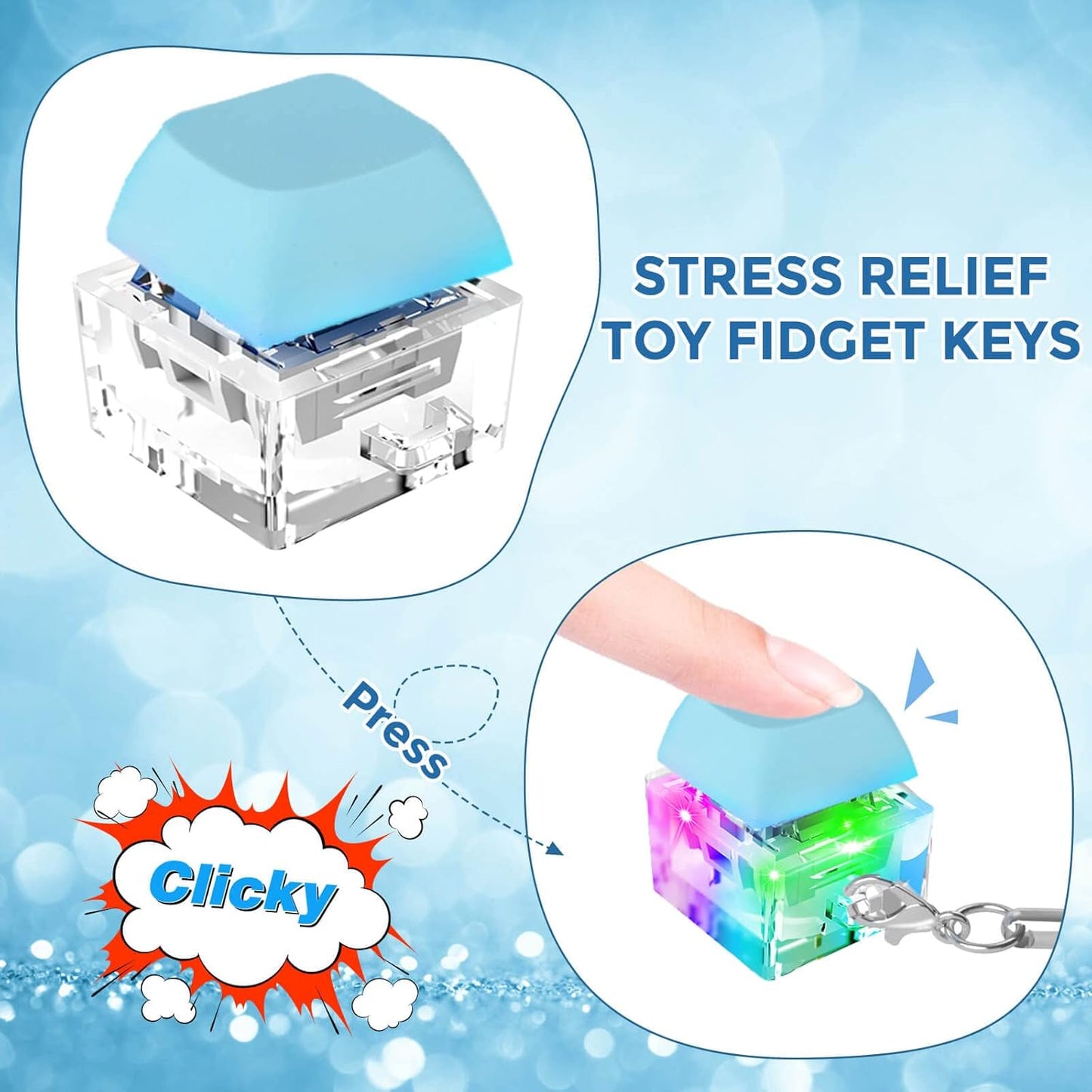 Keyboard Fidget Toys, Keyboard Fidget Keychain Keyboard Decompression Toys Keyboard Fidget Toy Button Stress Relief Gifts for Adult and Kids,Finger Clicker Toys,ADHD Toy,Cool Fidgets(LED Light-Blue)
