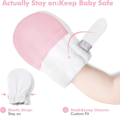 HAPIU Baby No Scratch Mittens Stay On, 100% Cotton Breathable, Adjustable Infant Gloves for Boys Girls, Newborn - 12 M