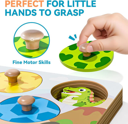 Dinosaur Wooden Puzzles for Toddlers 1-3, Montessori Toys for 1 2 Year Old Boy Birthday Gifts, Dinosaur Matching Eggs Peg Puzzles for Toddlers Age 2-4, Preschool Learning Activities for Girls
