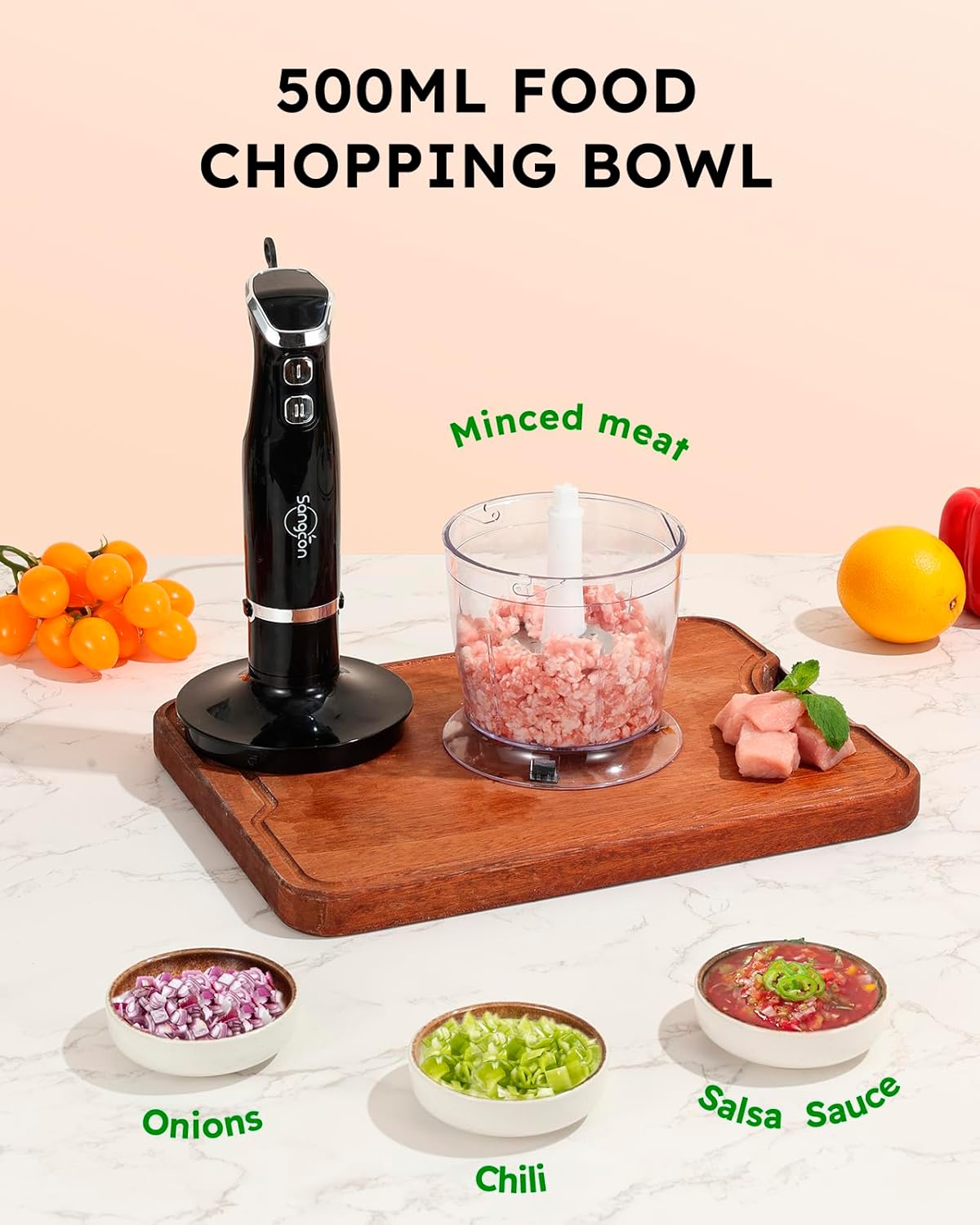 Sangcon 6-in-1 Immersion Blender Handheld, Hand Blender with Chopper & 34oz Blending Cup Storage