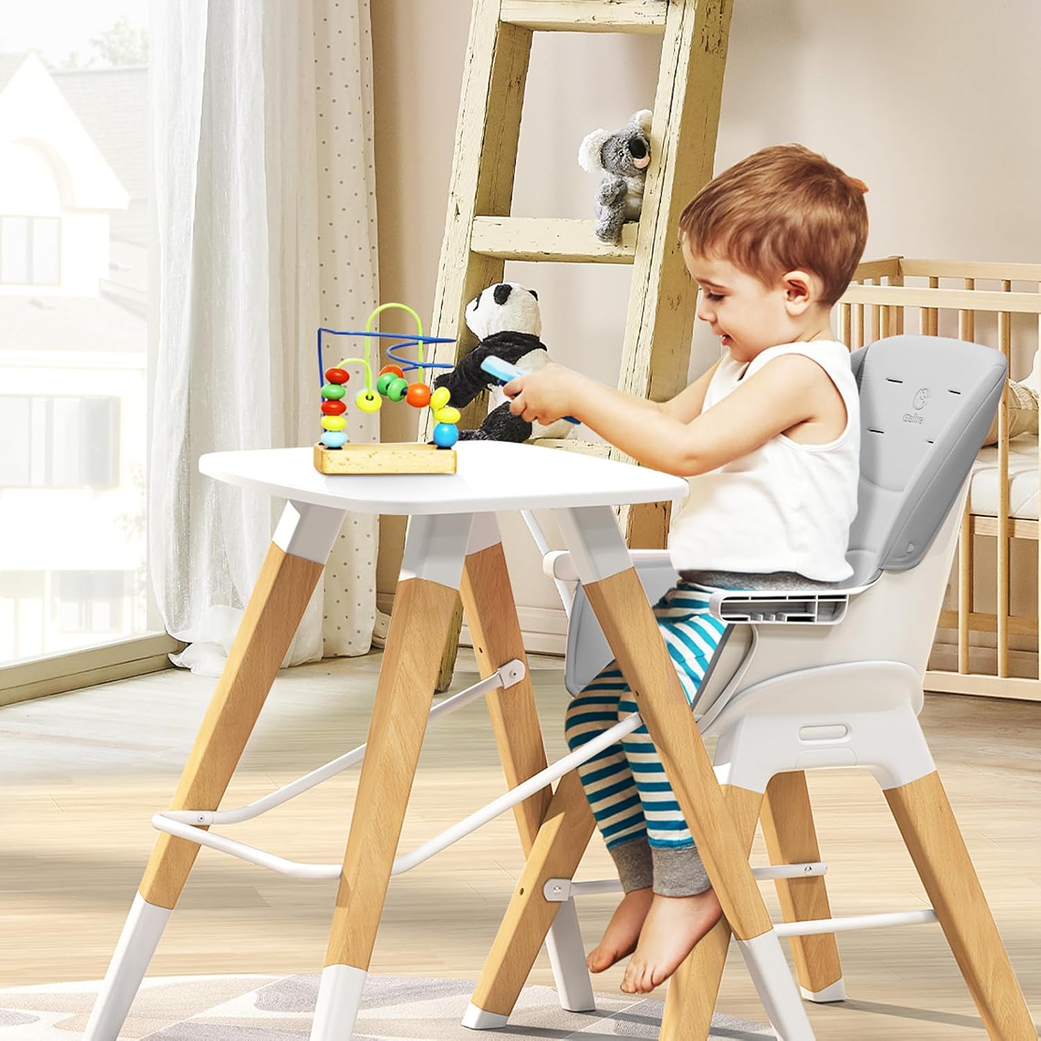 8 in 1 Highchair, Convertible Wooden Baby High Chair with Tray, Adjustable High Chair for Babies
