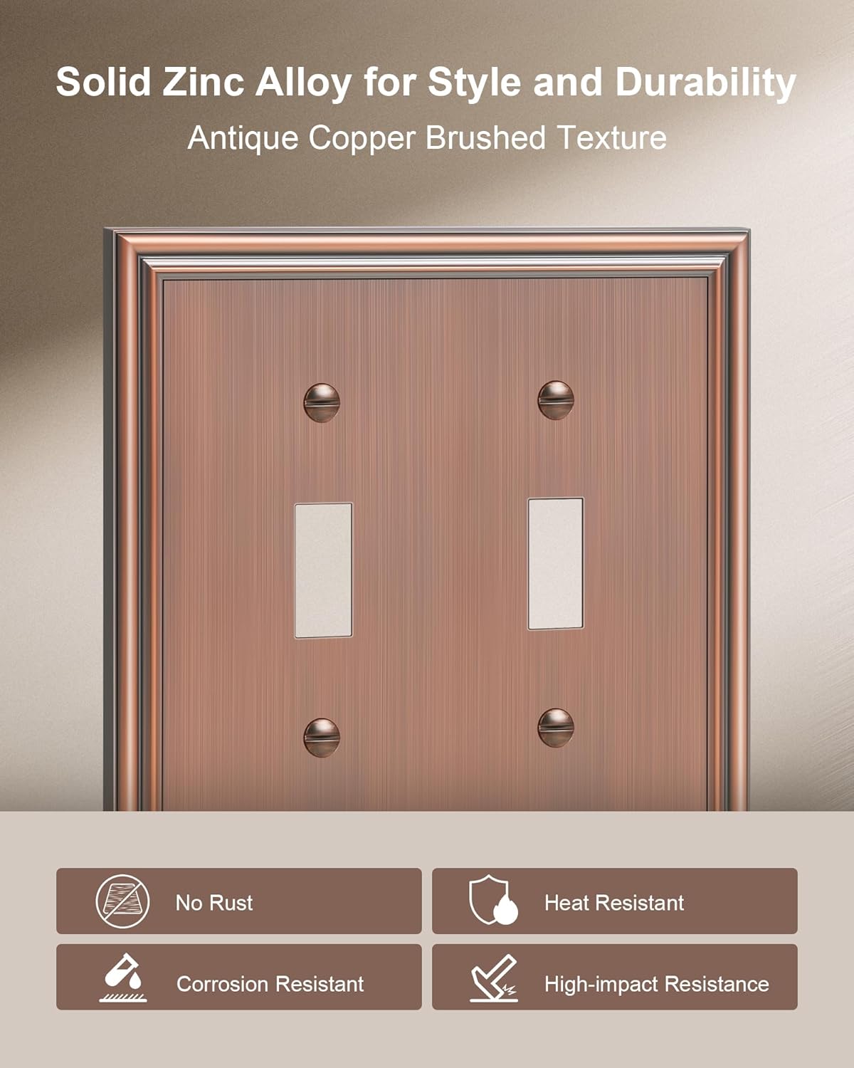 2-Pack Double Toggle Light Switch Cover Plate, Durable Solid Zinc Alloy Decorative Dual Switch Plate Covers, Antique Copper 2 Gang Wall Plate, Corrosion Resistant