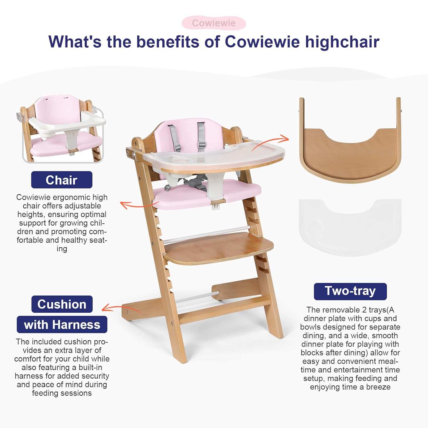 Cowiewie Natural Wooden High Chair for Babies & Toddlers 3-Tier Remove Adjustable Tray and