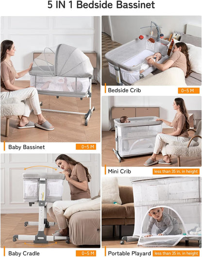 besrey 5 in 1 Baby Bassinet Bedside Sleeper, Playpen with Bassinet & Baby Cradle, Adjustable Bedside Crib for Newborn Infant with Mobile Toy Hanger, Hanging Diaper Bag, Mosquito Net, Mattress