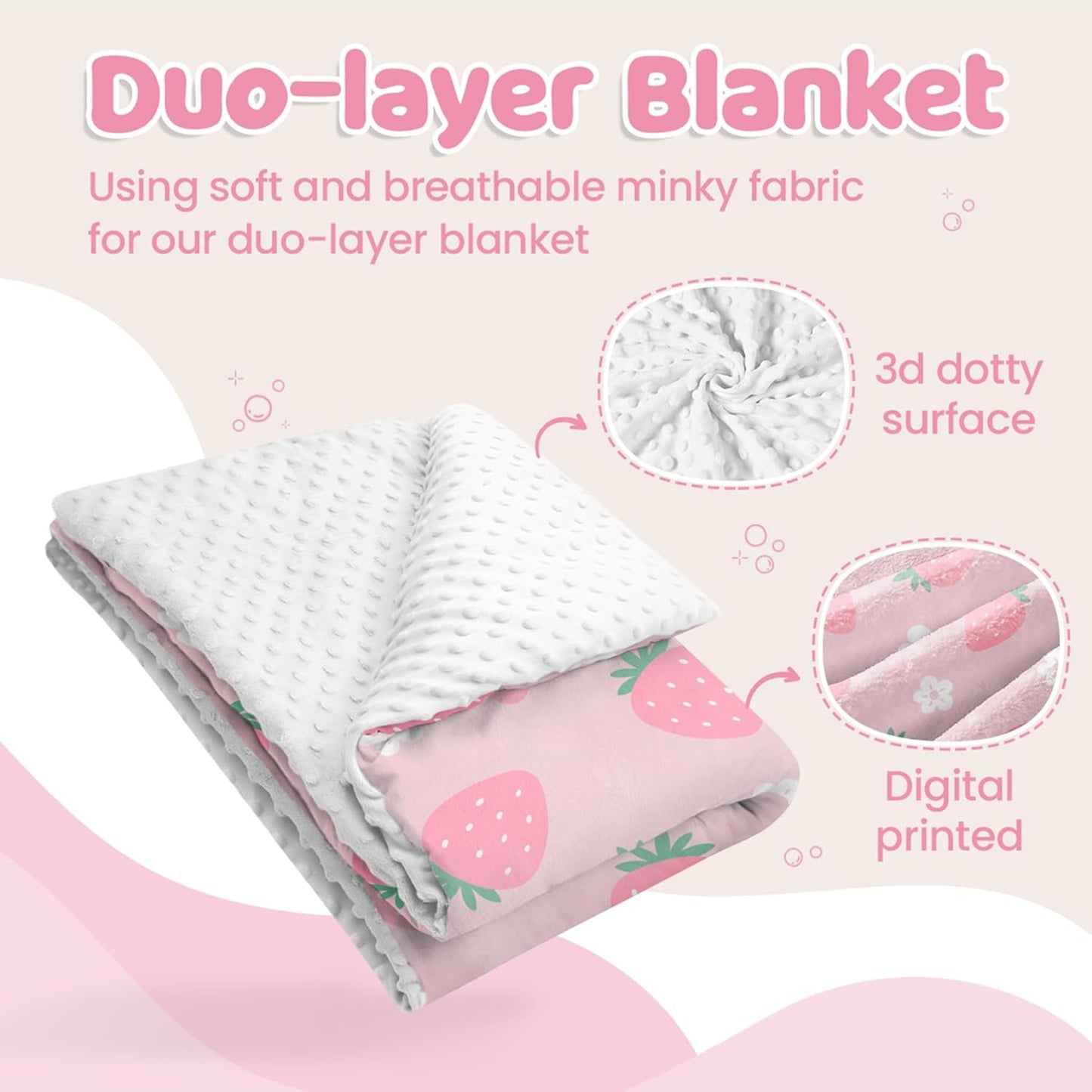 Strawberry Minky Baby Blanket 30 x 40 Inches for Girls, Soft Plush Receiving Blanket with Dotted