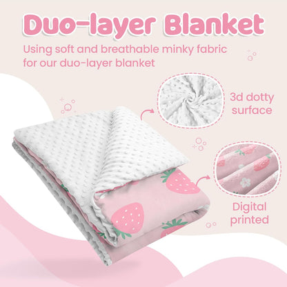 Strawberry Minky Baby Blanket 30 x 40 Inches for Girls, Soft Plush Receiving Blanket with Dotted