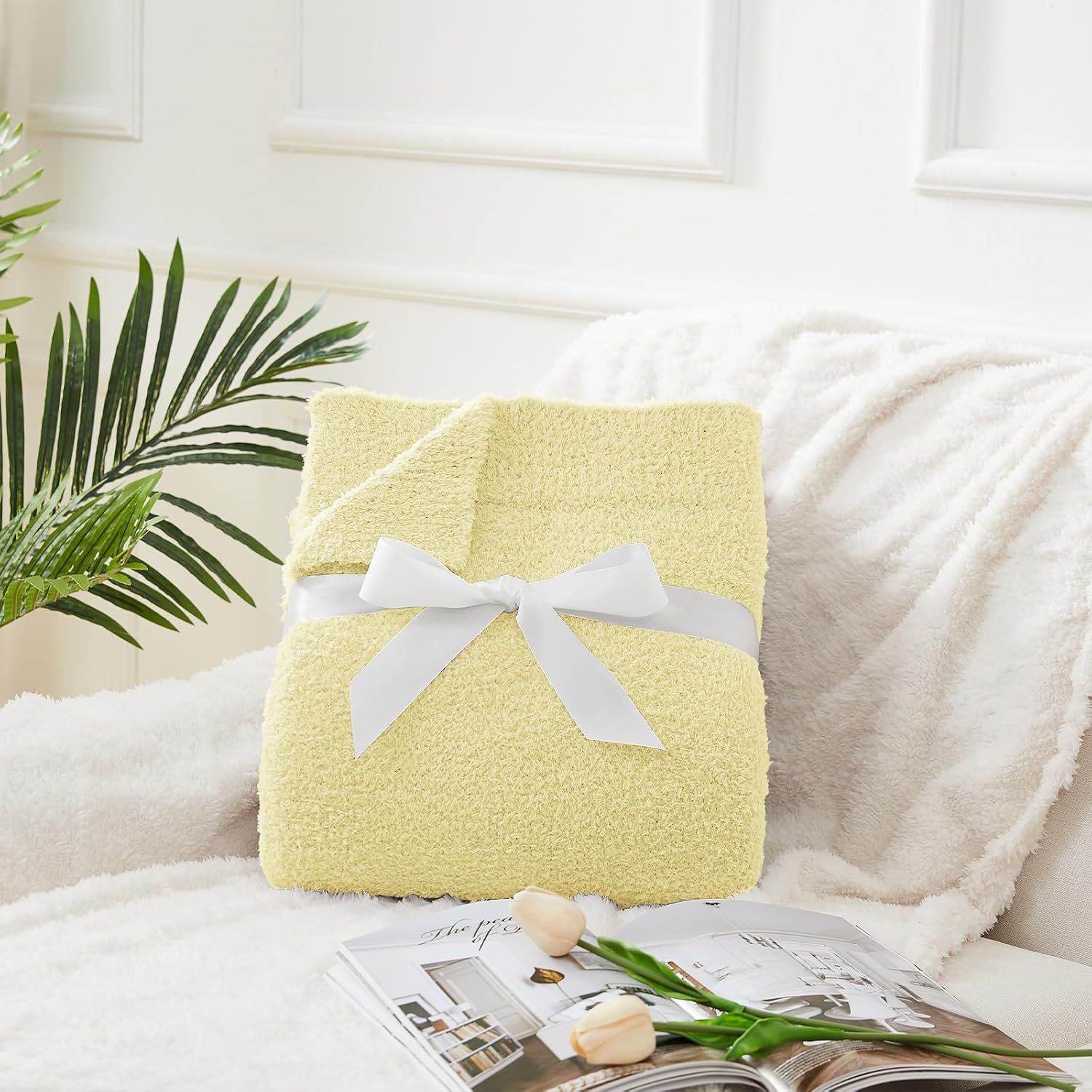 CYMULA Knit Throw Blanket for Couch Yellow - Super Soft Lightweight Plush Fuzzy Fluffy Cozy