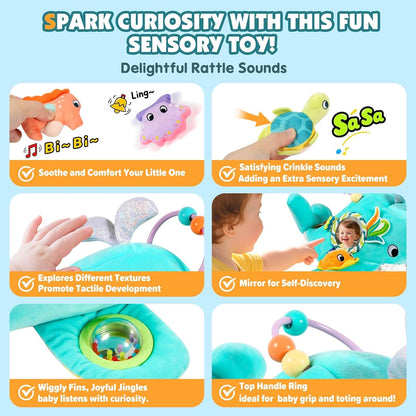 Baby Toys 6-12 Months - Soft Ocean Adventure Toy with Rattle, Crinkle Paper, Squeaker, Mirror - Baby Sensory Toys for 6+ Month Old Developmental, Montessori Toys for 1 Year Old Boy Girl Gifts