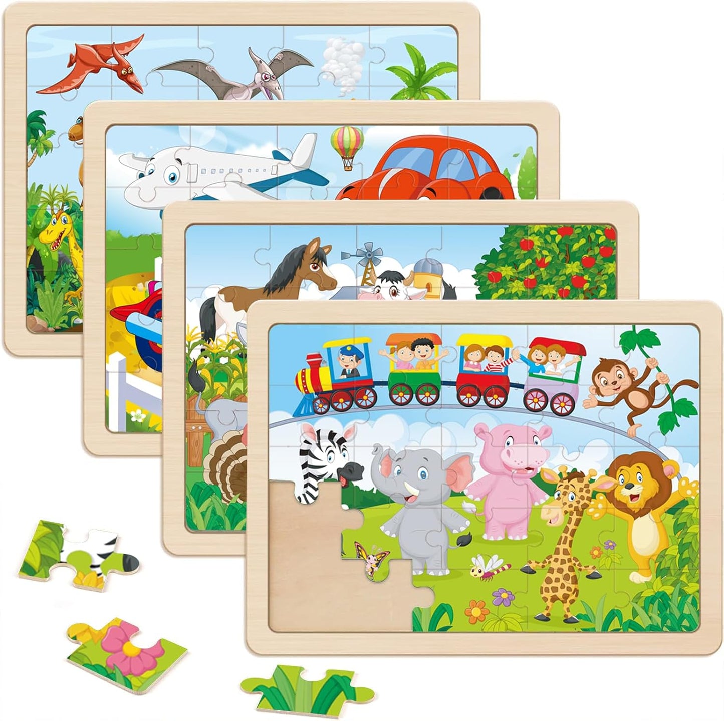 Wooden Puzzles for Kids Ages 4-6, 4 PCs 24 Animals Cars Farm Dinosaur World Jigsaw Puzzles, Preschool Educational Brain Teaser Toys for 3 4 5 6 7 8 Years Old