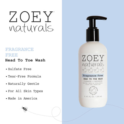 Zoey Naturals Fragrance-Free Head to Toe Baby & Toddler Wash – Tear-Free Body Wash and Shampoo with