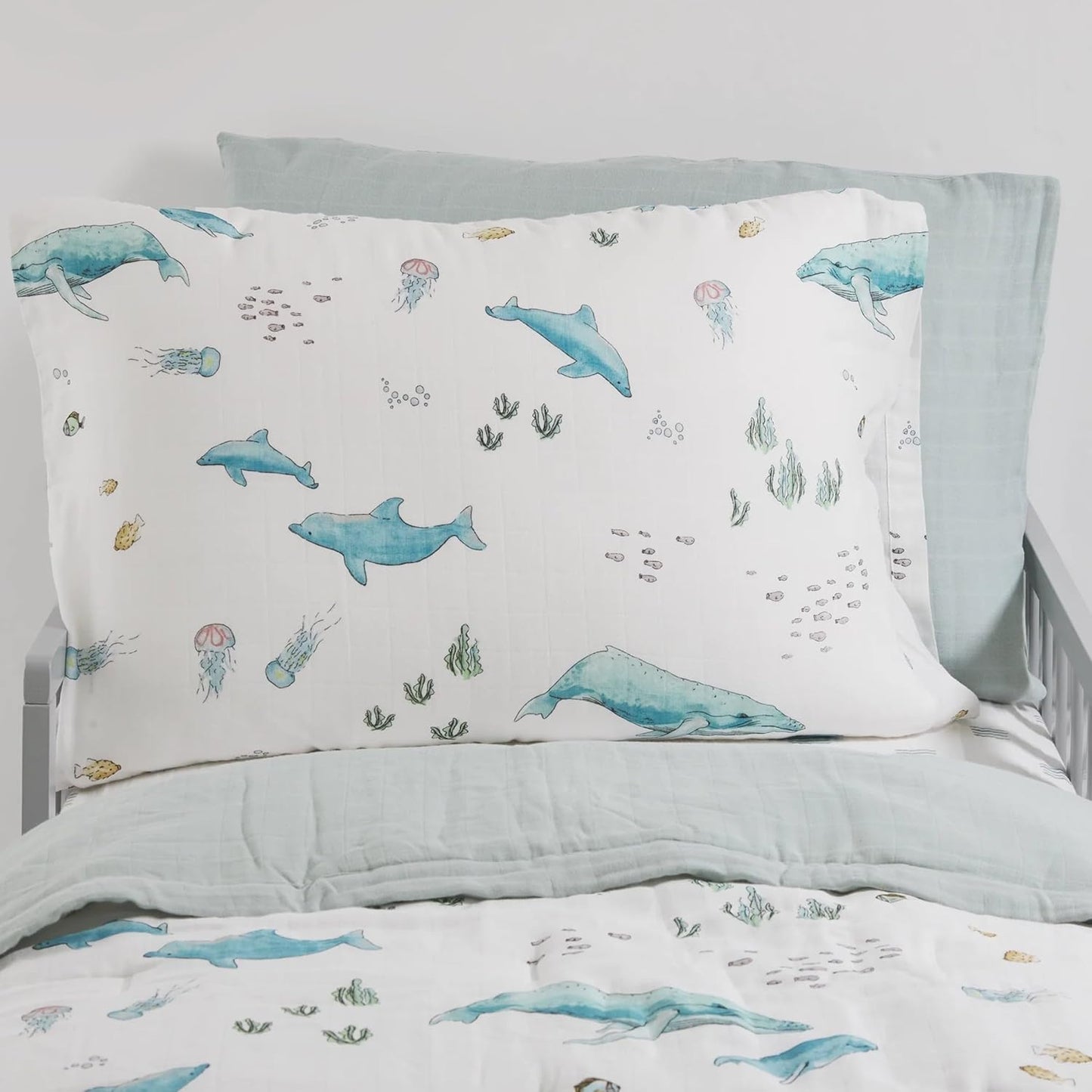 Little Unicorn Standard Pillowcase 2 Pack | Super Soft & Breathable Muslin Fabric | Snug Envelope Closure (Whales)