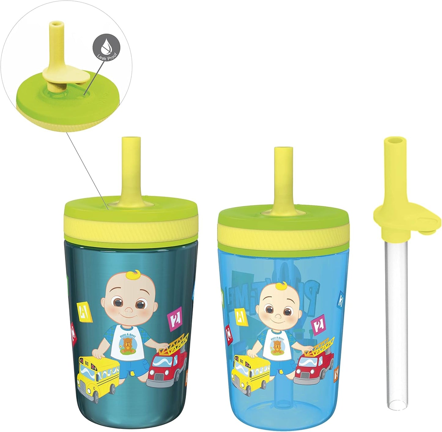 Zak Designs CoComelon Kelso Tumbler Set, Leak-Proof Screw-On Lid with Straw, Bundle for Kids