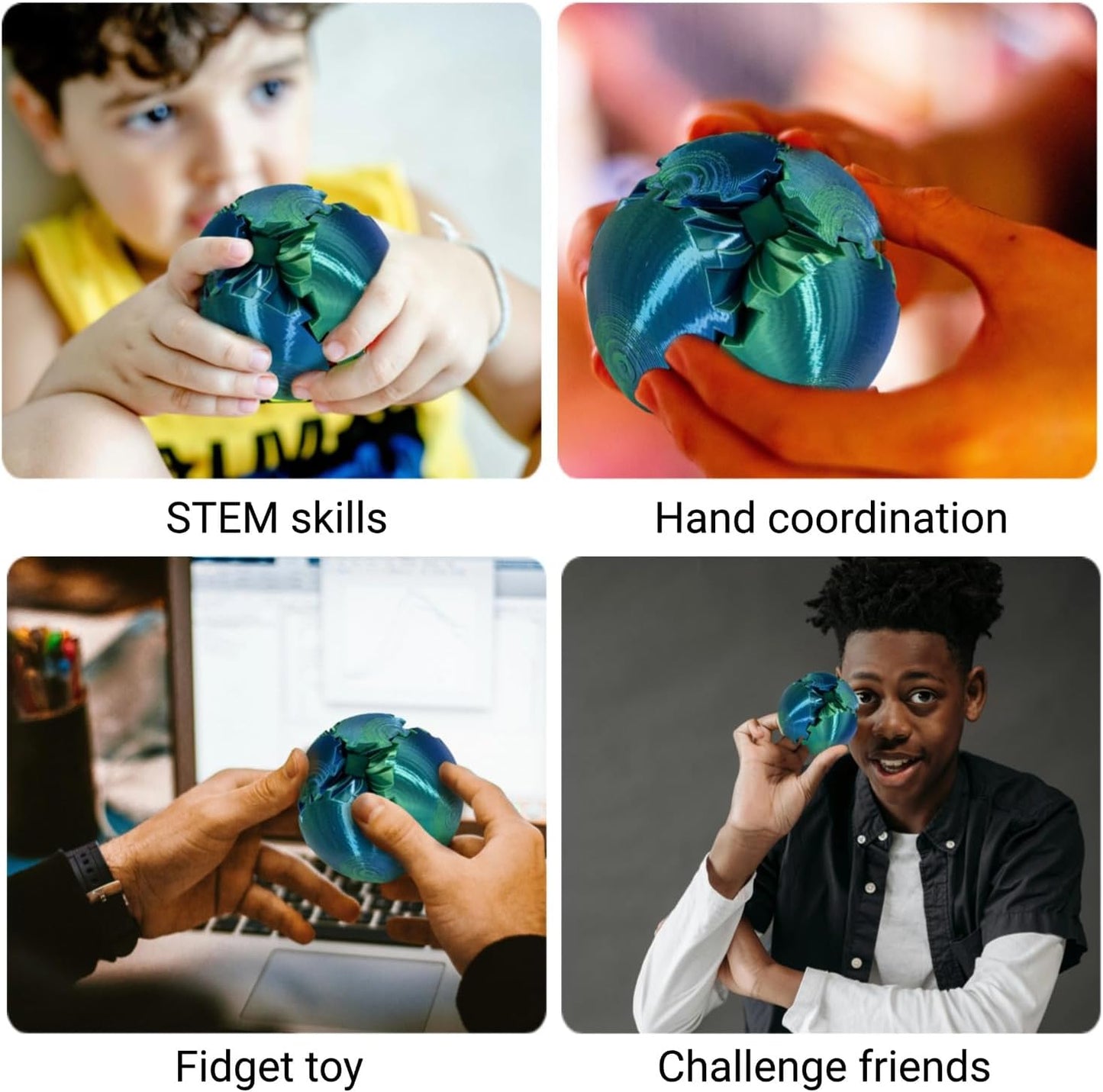 3D Printed Gear Ball, Gear Sphere Fidget Toy Stress Relif Toy for ADHD, Anxiety Relaxing Toy for Adults at Work/Study/Travel, Twisted Blue-Green