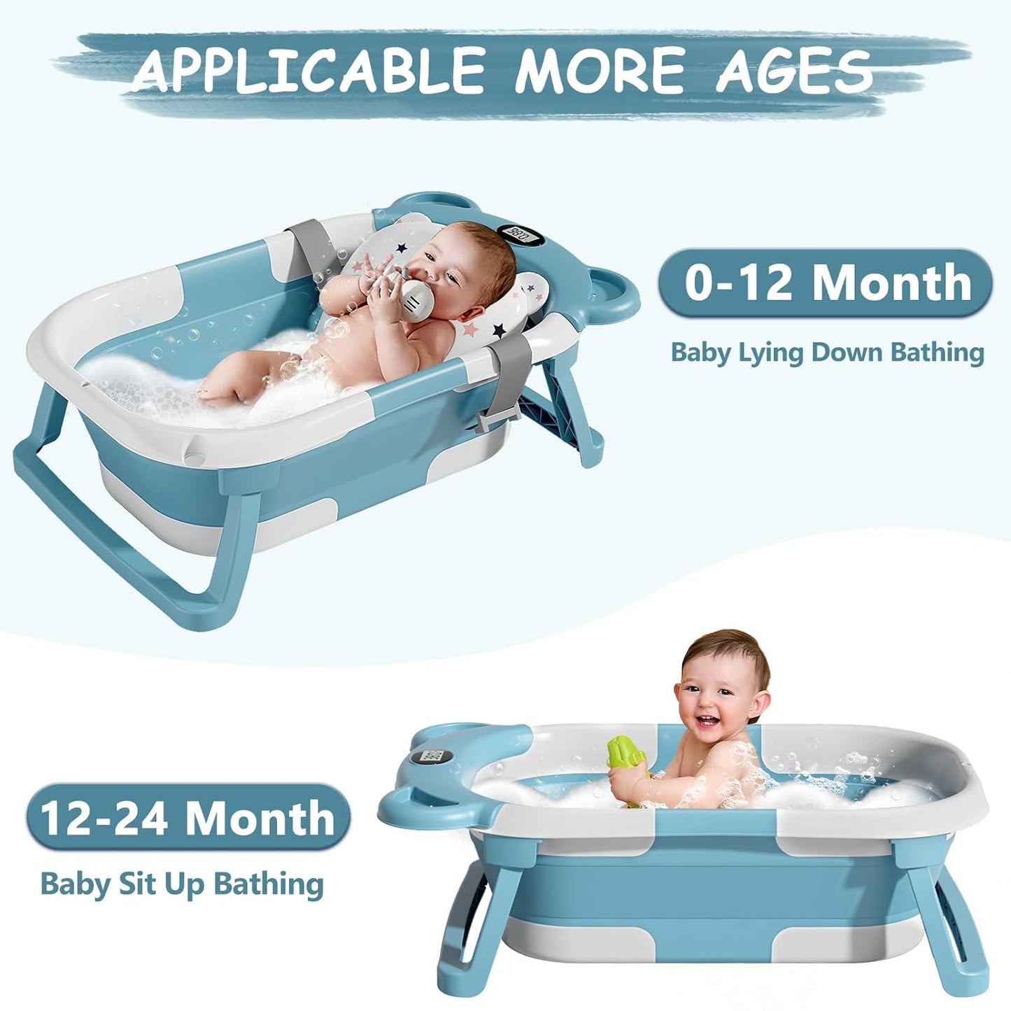 TPN Collapsible Baby Bathtub for Infants to Toddler with Real-time Temp Monitor+Floating