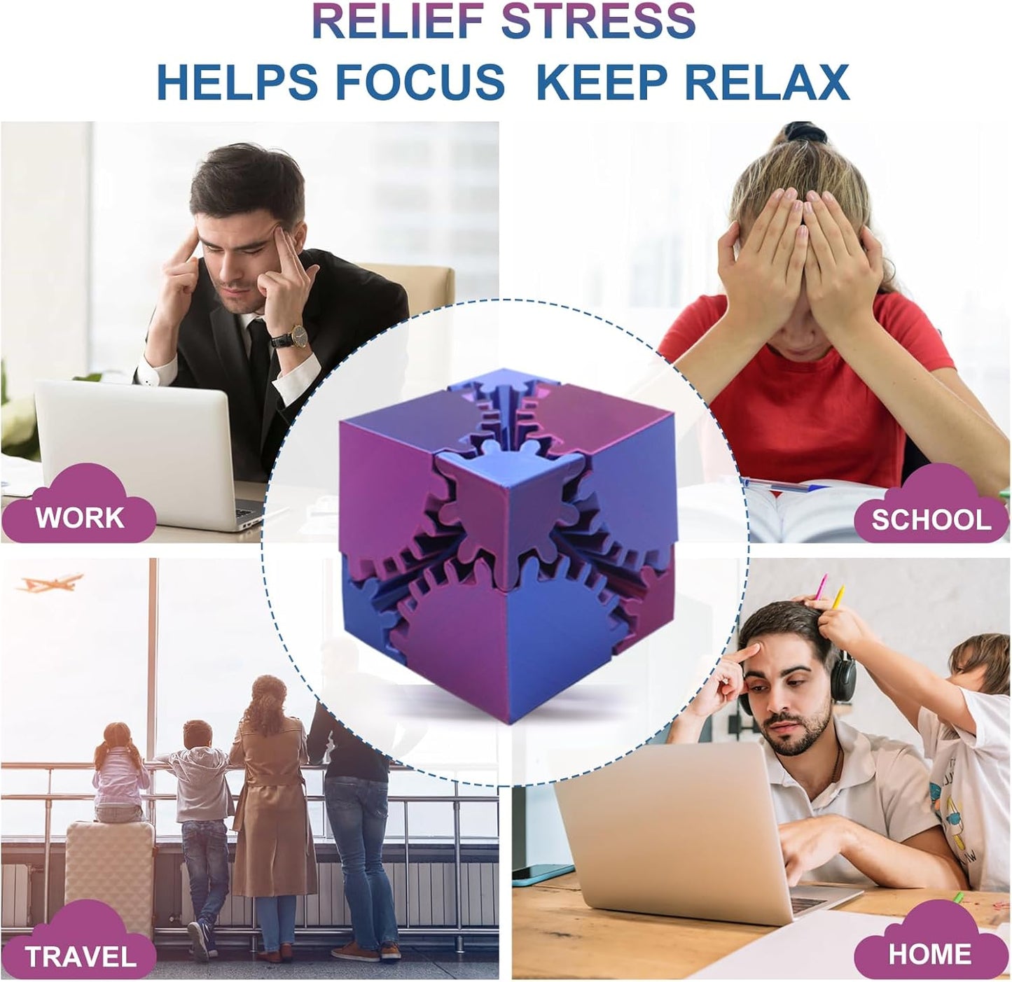 Gear Sphere Gear Cube 3D Printed Gear Ball Spin Cube Fidget Toy Relieving Stress & Anxiety, Fidget Cube GearSphere Desk Toy, Whirling Wonder Fidget for Sensory and Autism (Laser Red Blue)