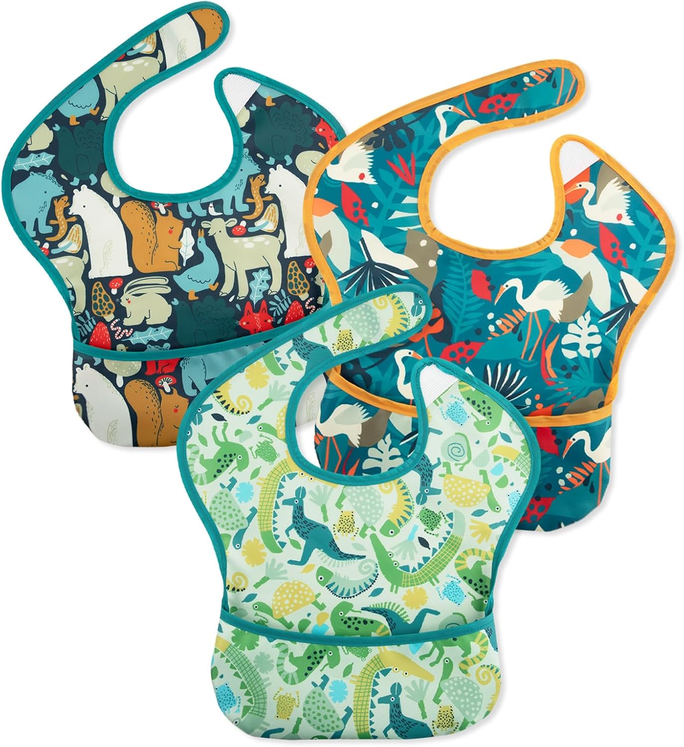 Mess Proof Baby Bib 3 Pack, Waterproof Led Weaning Baby Feeding Bibs with Food Catcher, Travel