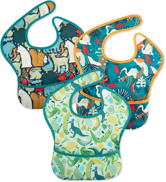 Mess Proof Baby Bib 3 Pack, Waterproof Led Weaning Baby Feeding Bibs with Food Catcher, Travel