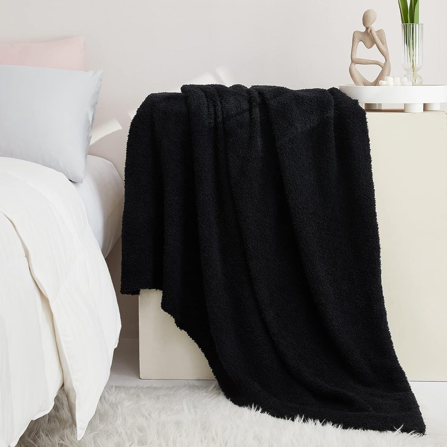 CYMULA Knit Throw Blanket for Couch Black-Super Soft Lightweight Plush Fuzzy Fluffy Cozy Blankets