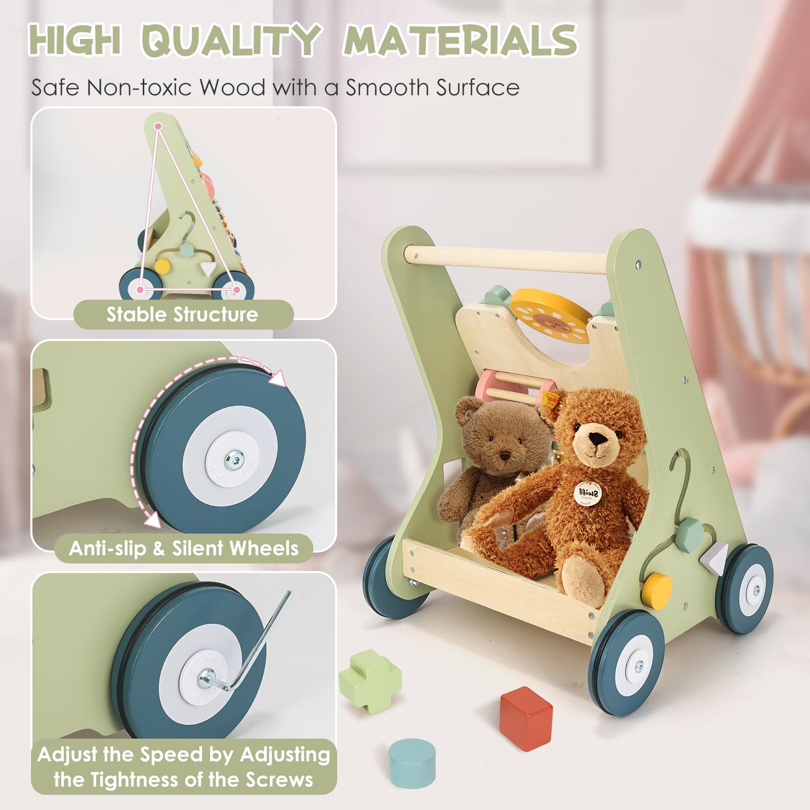 Baby Push Walker, Wooden Baby Walker with Wheels, Montessori Walker for Babies 12 Months