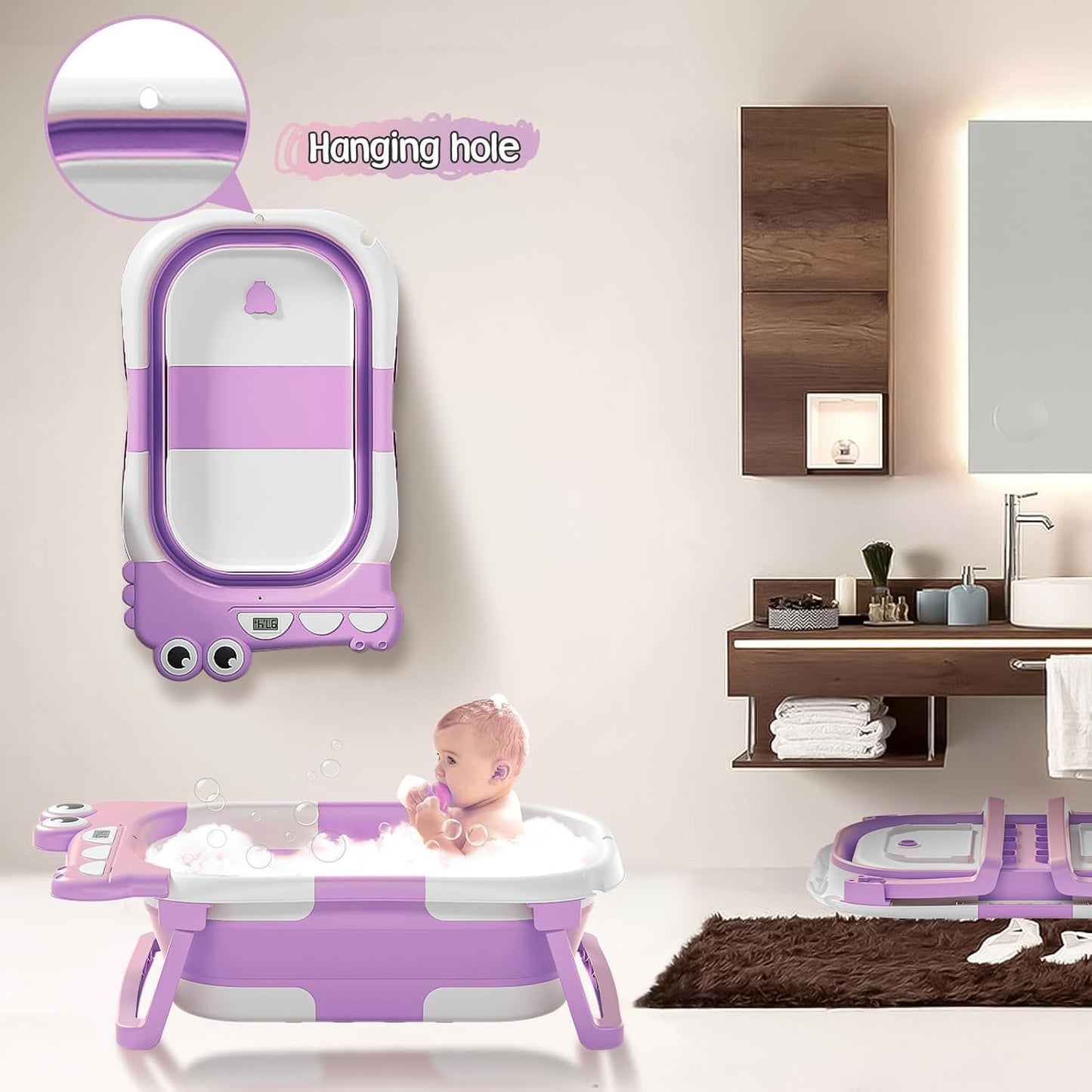 TPN Collapsible Baby Bathtub, Baby Bath Tub with Soft Cushion & Real-Time Thermometer, Baby Bathtub