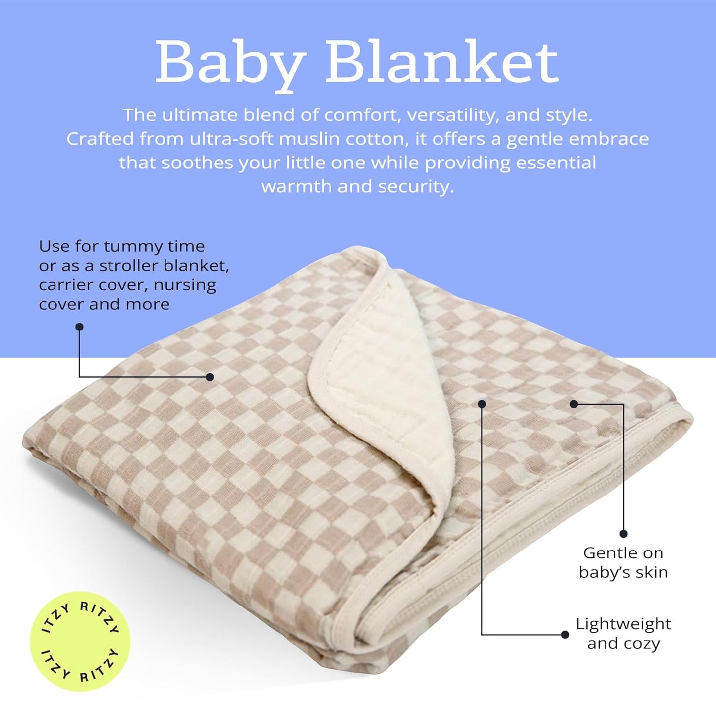 Itzy Ritzy Baby Blanket – Soft Cotton Muslin Multi-Use Blanket - Can Be Used as a Tummy Time Mat
