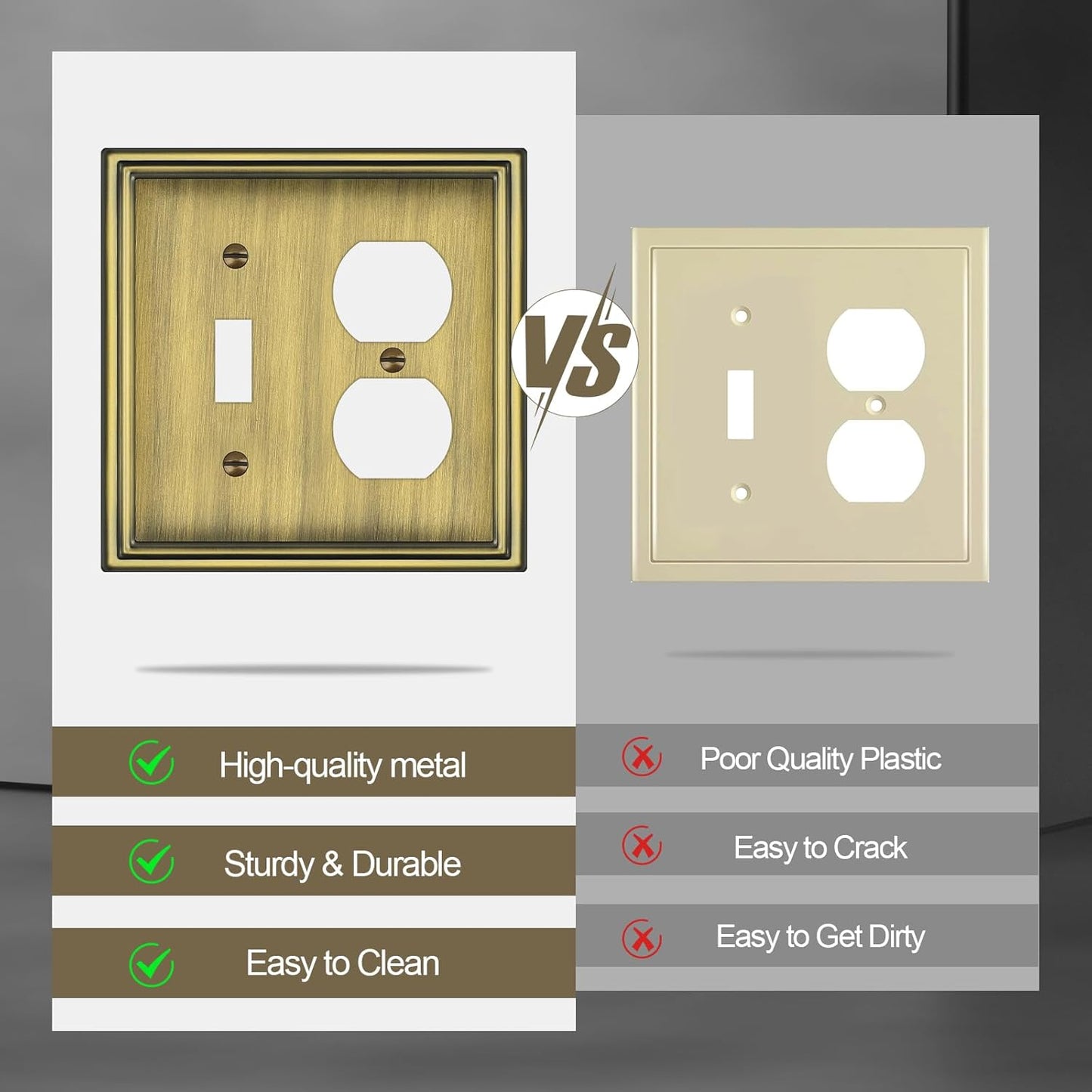 Combination Metal Light Switch Covers Wall Plate, 1 Toggle/1 Duplex Switch Plate Outlet Covers Antique Brass Decorative 2 Gang Wall Plate - Classic Style, 3 Pack