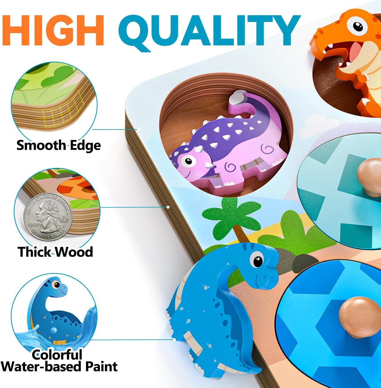 Dinosaur Wooden Puzzles for Toddlers 1-3, Montessori Toys for 1 2 Year Old Boy Birthday Gifts, Dinosaur Matching Eggs Peg Puzzles for Toddlers Age 2-4, Preschool Learning Activities for Girls