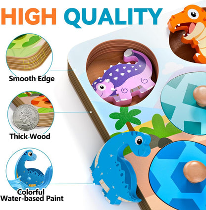 Dinosaur Wooden Puzzles for Toddlers 1-3, Montessori Toys for 1 2 Year Old Boy Birthday Gifts, Dinosaur Matching Eggs Peg Puzzles for Toddlers Age 2-4, Preschool Learning Activities for Girls