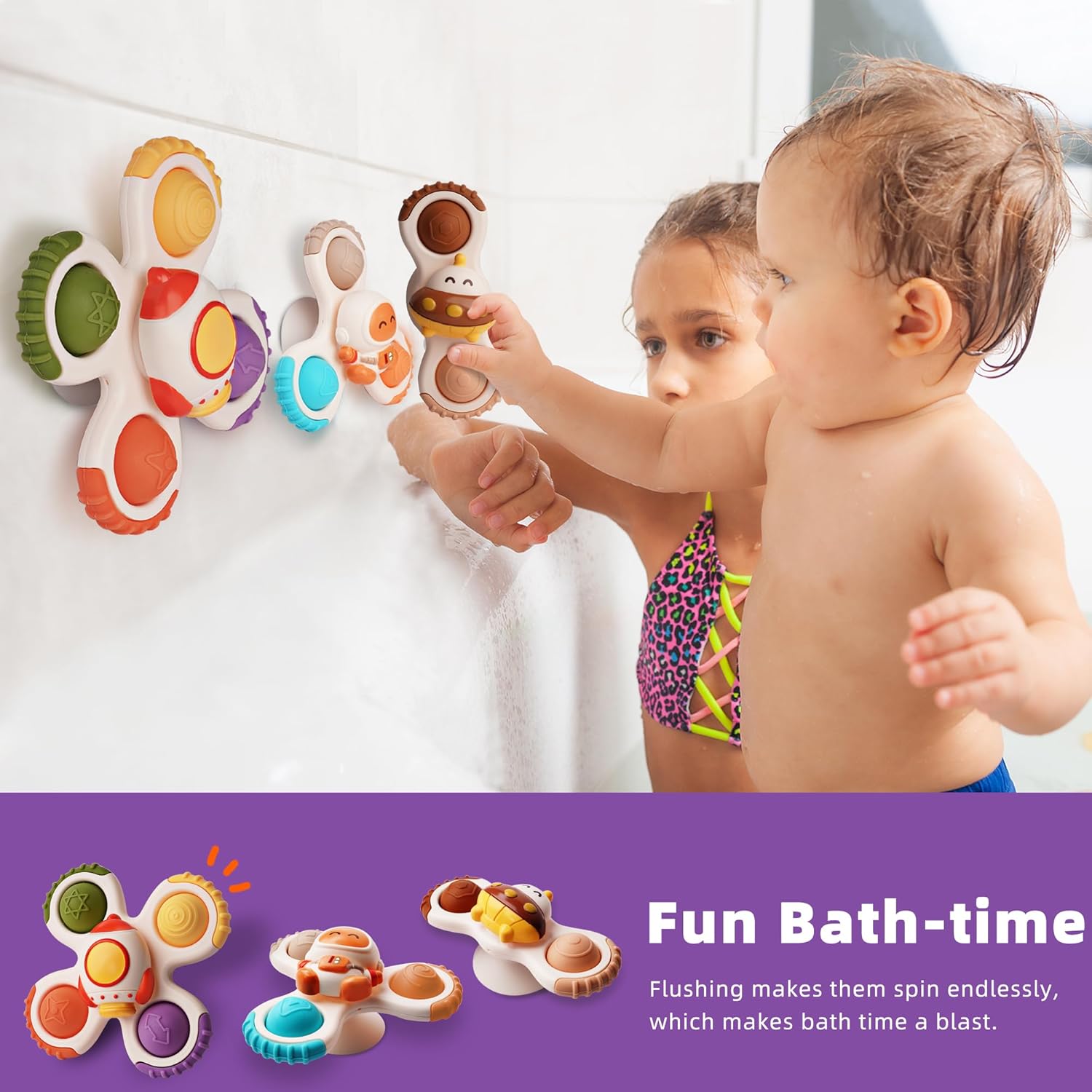 LiKee Strong Suction Cup Fidget Rotating Sensory Bath Toys for Baby 12 18 Months Airplane Car