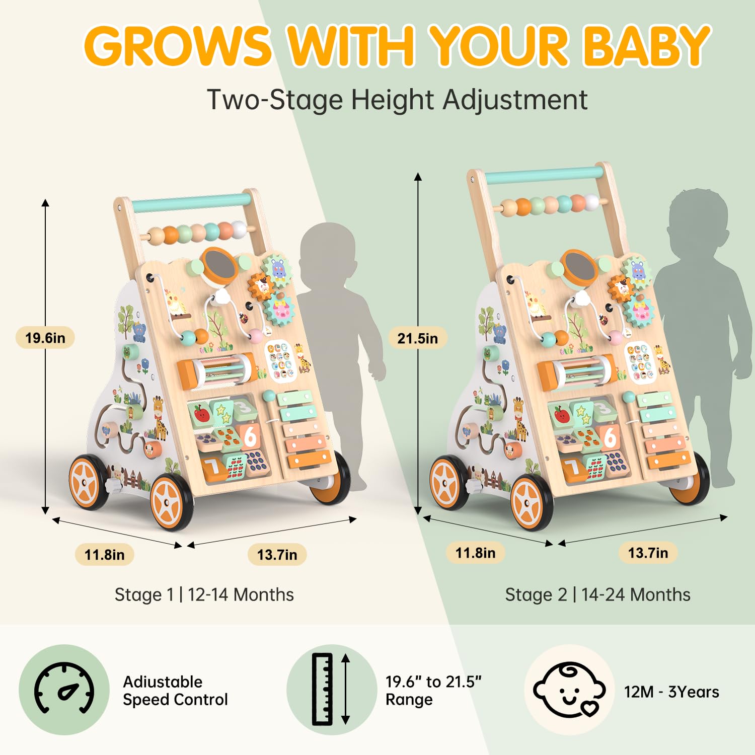 Weilim Wooden Baby Walker, 10-in-1 Montessori Push Walker for Toddlers 1+