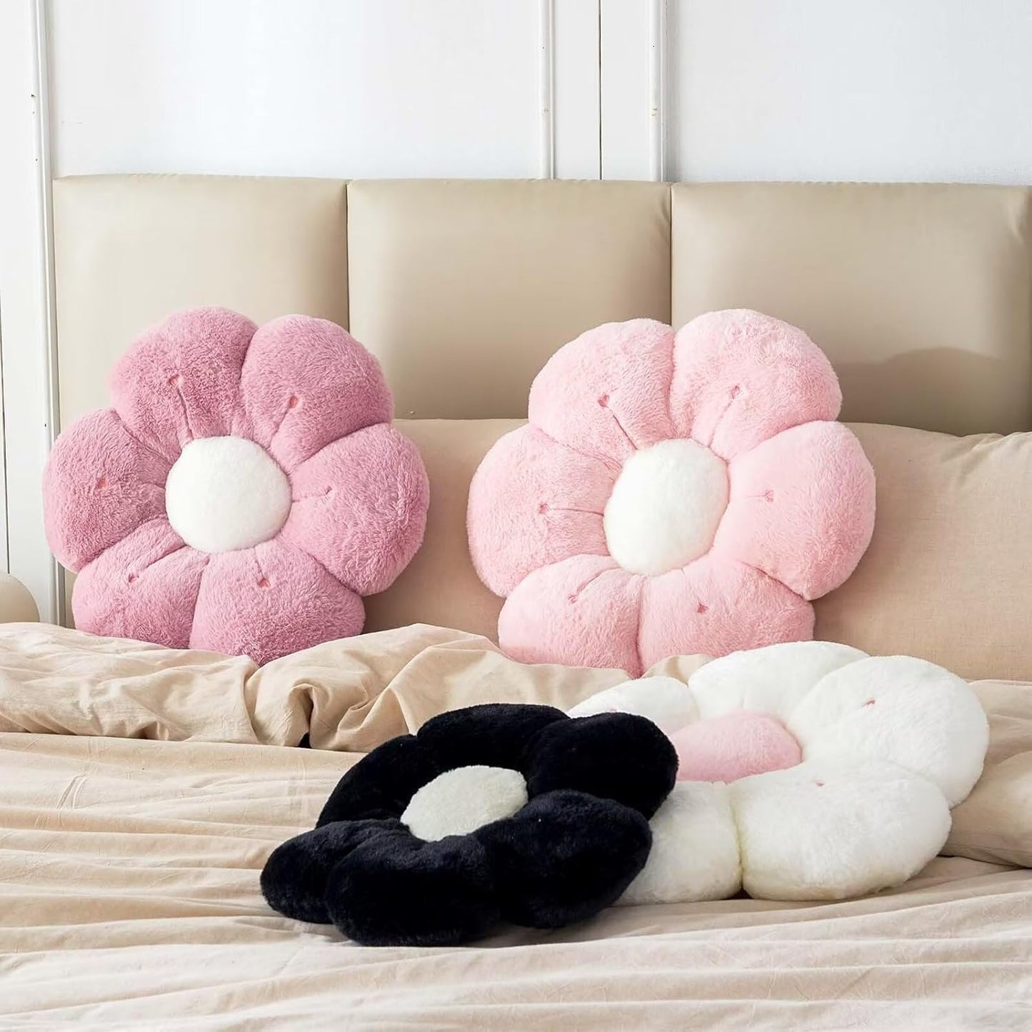 Flower Pillow, Cute Flower Shaped Decorative Pillow, Soft Rabbit Fur Daisy Pillow Home Decor Floor Seating Cushion for Bedroom Living Room (Pink 14.9 Inch)