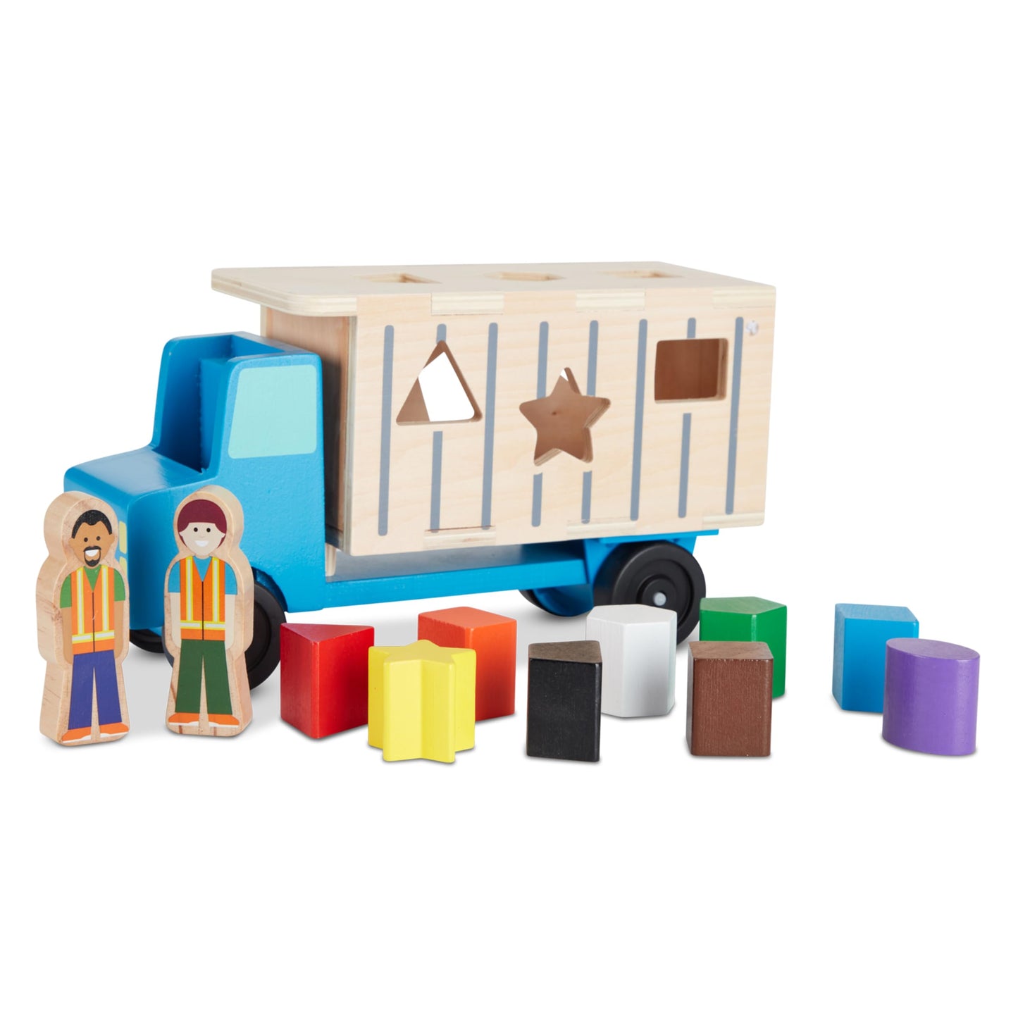 Melissa & Doug Shape-Sorting Dump Truck Wooden Toy with 9 Blocks and 2 Toy Figures - Montessori