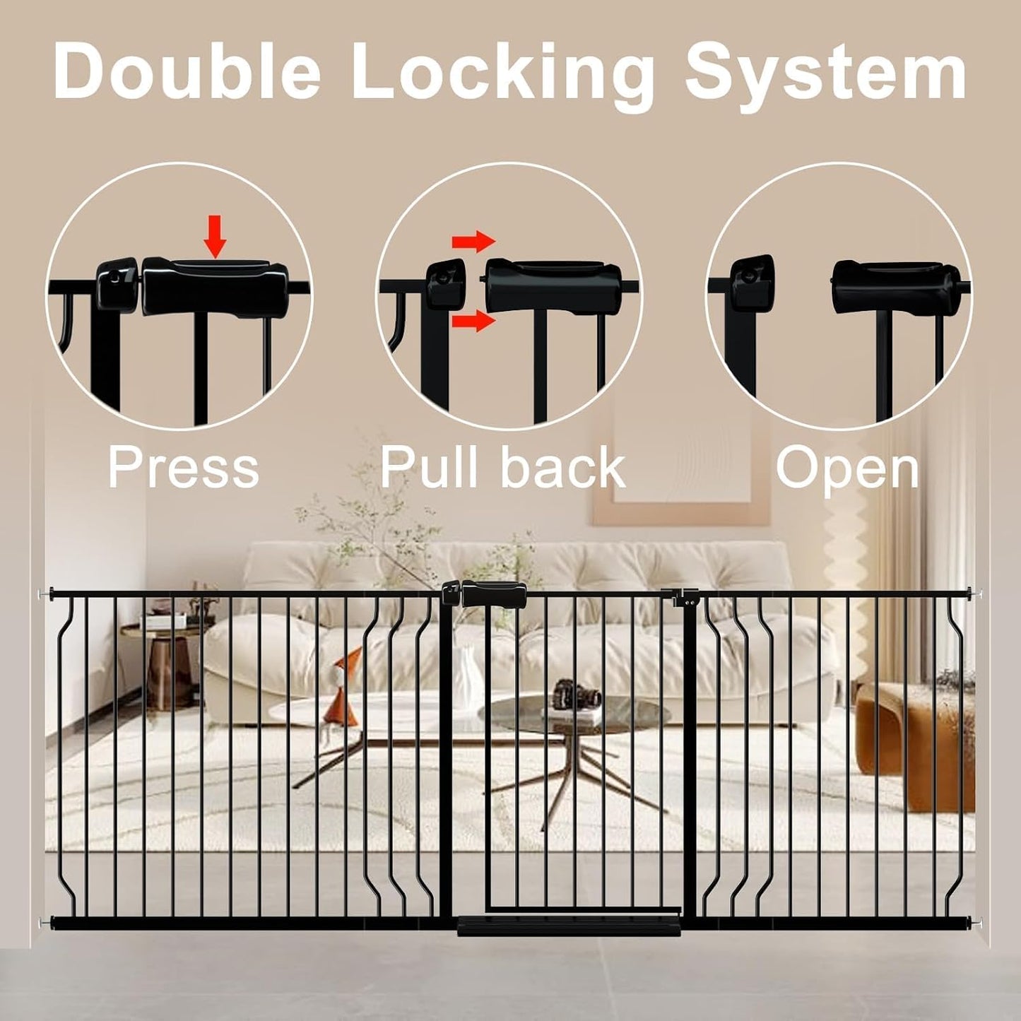 WAOWAO Baby Gate 62.20-71.26" Extra Wide Pressure Mounted Walk Through Swing Auto Close Safety Black Metal Toddler Kids Child Dog Pet Puppy for Stairs,Doorways,Kitchen