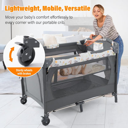 5 in 1 Infant Newborn Baby Crib,Baby Bassinet Bedside Cribs,Pack and Play and Changing Table,Portable & Music Box,Portable Travel Crib,Dark Gray