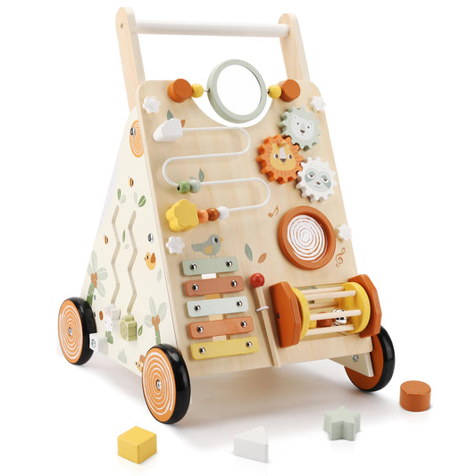 Pithfor Wooden Baby Walker, Baby Push Walker with Activity Center for Girls Boys, Montessori Push