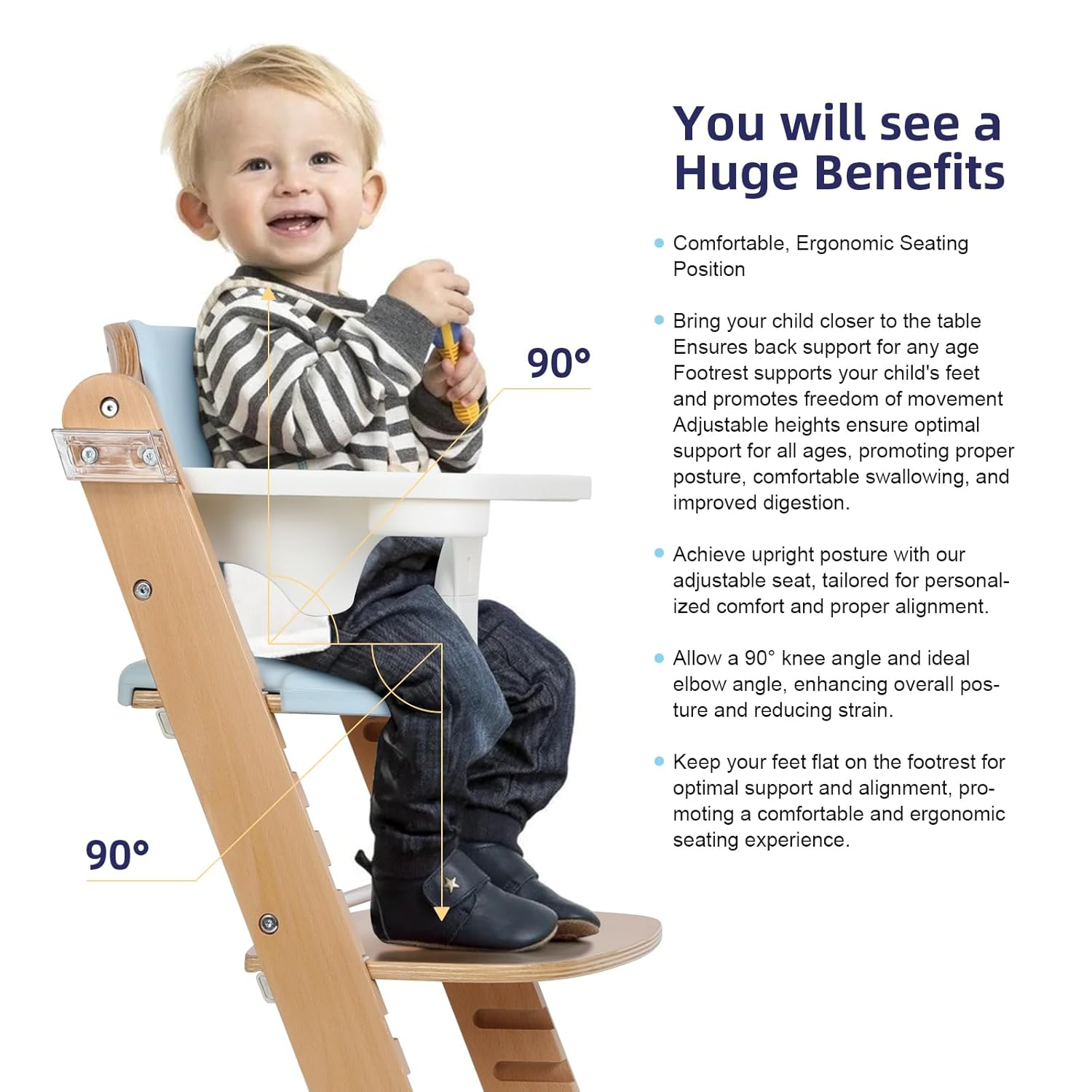 Cowiewie Natural Wooden High Chair for Babies & Toddlers 3-Tier Remove & Adjustable Tray, 8